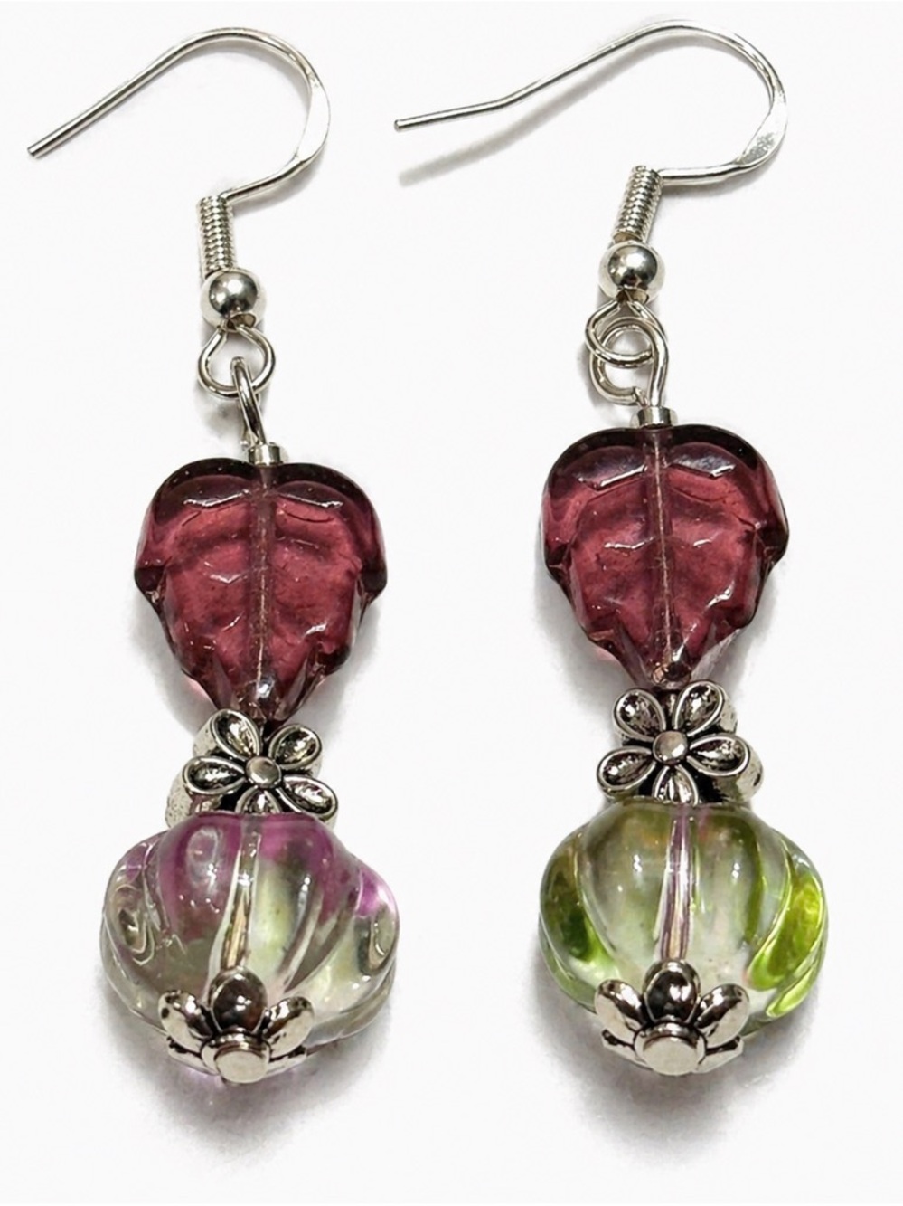 Boho Glass Leaf Earrings, Plum Leaf Mixed Glass Dangle, Artisan, Ships Free - Picture 5 of 11